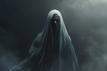 A ghostly figure with a hooded cape and a skull on its face