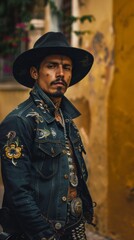 Obraz premium A man wearing a black hat and denim jacket stands in an urban setting