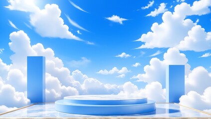 marble podium for presentation and product display against the backdrop of a sea of ​​clouds