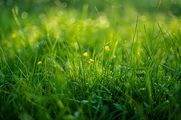 Fototapeta premium A lush green field with a few yellow flowers scattered throughout
