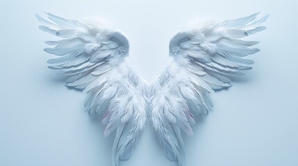 High-res photo of white feather angel wings on white background, laid flat, professional color grading, soft shadows.