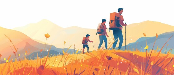 Father and kids hiking at sunset, close up, focus on, colorful tones, adventurous outing , rule of thirds composition shot, a flat design style with pastel colors isolated on a whi