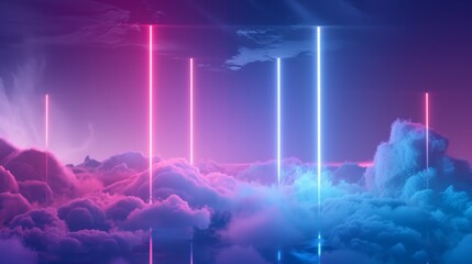 abstract minimal background, pink blue neon glowing vertical lines with copy space, illuminated stormy clouds, glowing geometric shape