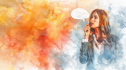 Artistic watercolor painting of a thoughtful woman in business attire with a colorful abstract background and empty speech bubble.  watercolor painted.