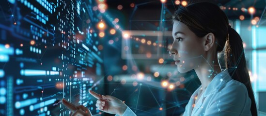 In a hightech, modern office environment, a female tech expert is engaged in studying data on futuristic screens AIG62