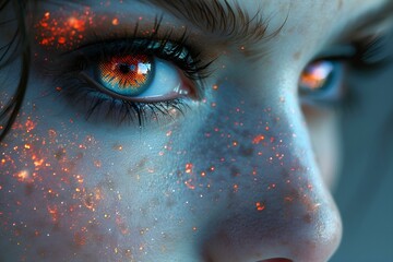 Naklejka premium A woman's face with glowing eyes in a close-up shot.