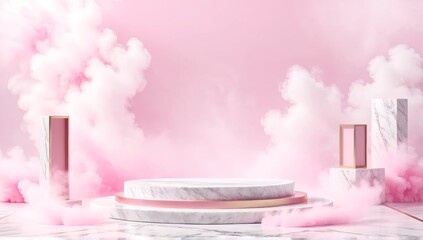 White marble podium for product display with pink smoke decoration background