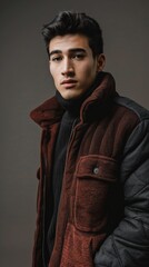 Obraz premium A young man in a stylish maroon jacket stands against a gray backdrop