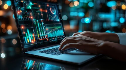Fototapeta premium Hands typing on a sleek laptop with holographic charts, digital startup strategy, innovative technology