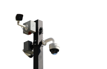 Three CCTVs on pole on transparent background 