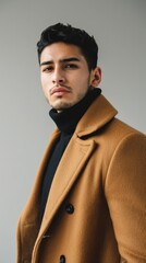 Obraz premium A handsome man poses in a brown overcoat and black turtleneck
