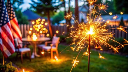 Vibrant sparkler shines brightly in the foreground, radiating warmth, set against a lively backyard celebration with twinkling lights, patriotic decorations, and summer evening ambiance.