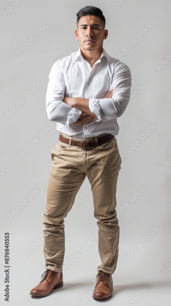 Canvas Prints A male model, with a serious expression, poses confidently against a white backdrop