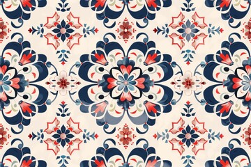 Fototapeta premium A colorful floral pattern with blue, red, and white flowers. The design is intricate and detailed, with a sense of elegance and sophistication. The colors and patterns create a sense of warmth