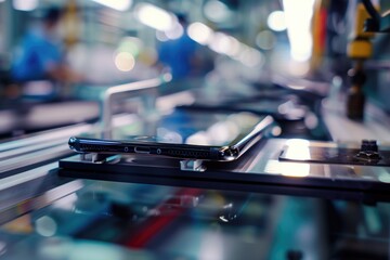 Closeup of smartphone on assembly line in a hightech manufacturing factory. Electronics production, quality control, technological efficiency, modern manufacturing processes.