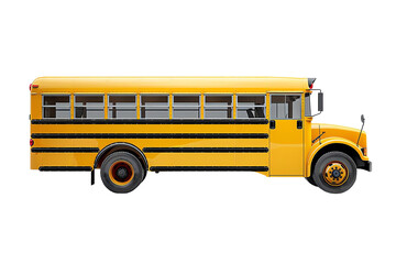 Side view of a yellow school bus with black stripes, isolated on a white background.