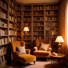 Cozy reading nook with bookshelves, a comfortable chair, and a warm lamp