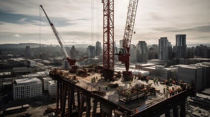 A towering construction crane is lifting heavy materials on a construction site in a busy city. Surrounded by skyscrapers. It's intricate details and metallic surface glisten under the afternoon sun.
