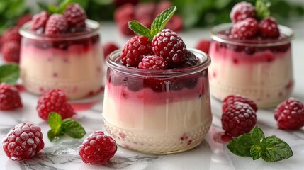 Panna cotta with a drizzle of raspberry coulis, served in individual glass jars on a polished granite surface 