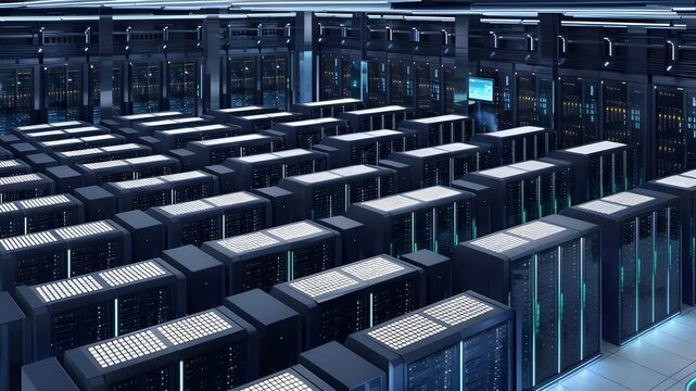 Modern server room data center filled with a vast array of Rack LED consoles