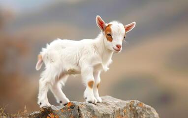 Obraz premium Adorable baby goat standing on a rock with a blurred natural background, showcasing early moments of farm life and nature's beauty.