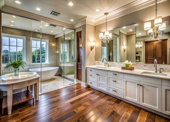 Elegant bathroom in luxurious home features double vanity with sleek sinks, freestanding bathtub, large mirror, walk-in shower, and rich hardwood flooring.