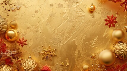 Golden Christmas Ornament Baubles and Snowflakes on Gold Background
