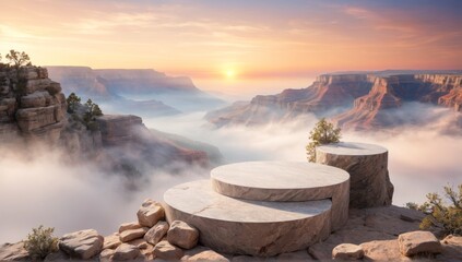 marble podium for product presentation and display against a stunning backdrop of a thousand mountains and a sea of ​​clouds.