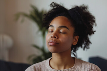 A woman with a headband and a white shirt is sitting on a couch