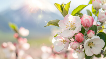 Obraz premium Close-up of beautiful blooming cherry blossoms with a scenic mountain background. Perfect for spring themes and nature enthusiasts.