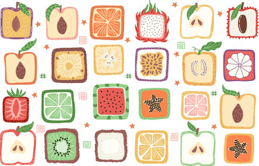 Big collection of colorful hand drawn square fruits. Set of creative vector exotic fruits and berries for summer prints, T-shirts, postcard, flyer and other graphic design. Modern and fresh aesthetic.