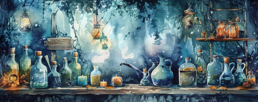 Magical apothecary shelf with mystical bottles, candles, and lanterns in an enchanting forest setting at night. Watercolor illustration