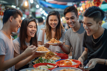A group of people are eating food together