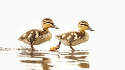 Obraz premium pair of ducklings waddling along the shoreline