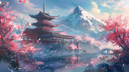 Obraz premium A serene landscape with a cherry blossom tree in the foreground