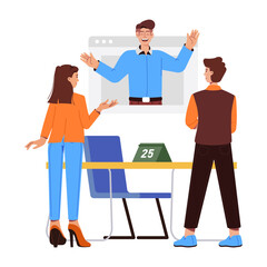 A flat illustration of employees in a virtual meeting 

