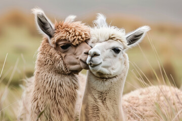 Obraz premium Two adorable alpacas nuzzling affectionately in a grassy field, showcasing their fluffy coats and gentle nature in a serene outdoor setting.