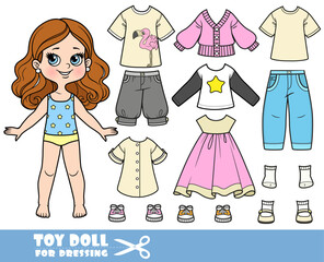 Cartoon brunette girl  and clothes separately -  dress, jacket, long sleeve, shirt, shorts, sandals, jeans and sneakers doll for dressing
