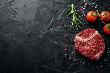 Close-up of raw marbled meat steak Ribeye on black rustic stone background ready for cooking, roasting, grill or BBQ party, top view. Meat restaurant concept