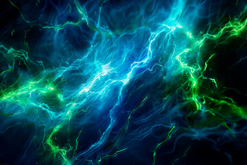 digital artwork showcases a swirling pattern of electric blue and neon green lines, creating an impression of electric currents