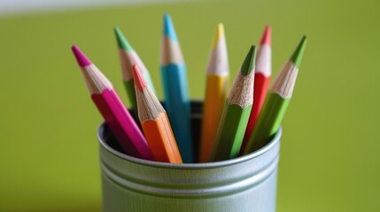 Obraz premium Colored pencils in a tin on a green surface