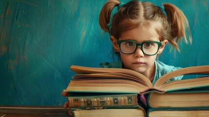 A young girl engrossed in a large book. Banner for World Book Reading or Literacy Day. Book Market or Fair. Online reading. Back to school. College and university concept.