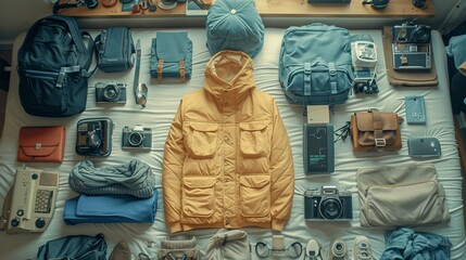 Travel Essentials Organized on Bed. Overhead view of travel essentials, including a jacket, bags, cameras, and tech gadgets, carefully organized on a bed.