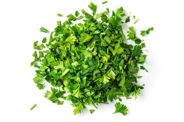 Naklejka premium Freshly chopped parsley arranged on a clean white surface, perfect for garnishing or adding to recipes