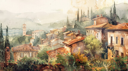 Obraz premium A painting of a small town with houses and a church