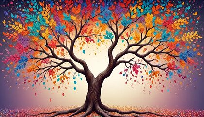 Colorful tree with leaves on hanging branches illustration background. 3d abstraction wallpaper for interior mural wall art decor. Floral tree with multicolor leaves. pointillism