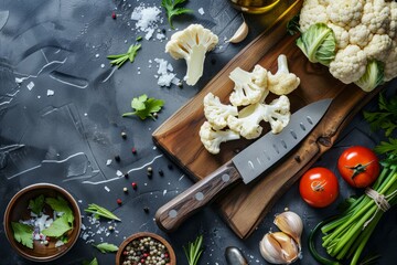 Fresh organic cut cauliflower on wooden cutting board with kitchen knife, ready to be cooked, top view with copy space. Vegetarian food, clean eating concept .