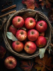 Rustic Autumn Display of Apples in Wicker Basket with Leaves and Cinnamon Sticks