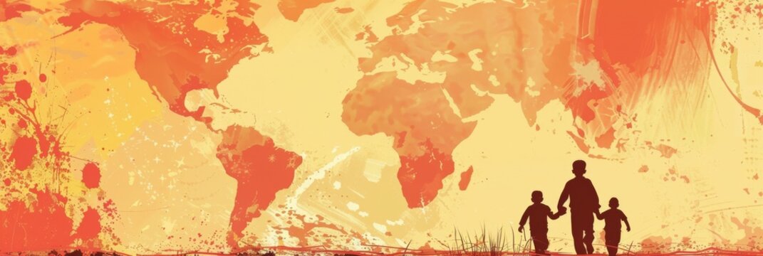 World Humanitarian Day. Horizontal banner. Silhouettes of a man and children against the background of a world map. World environment day, International Day of charity. Free space for text