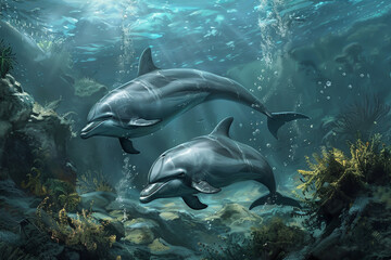 Naklejka premium Two dolphins swimming in the ocean